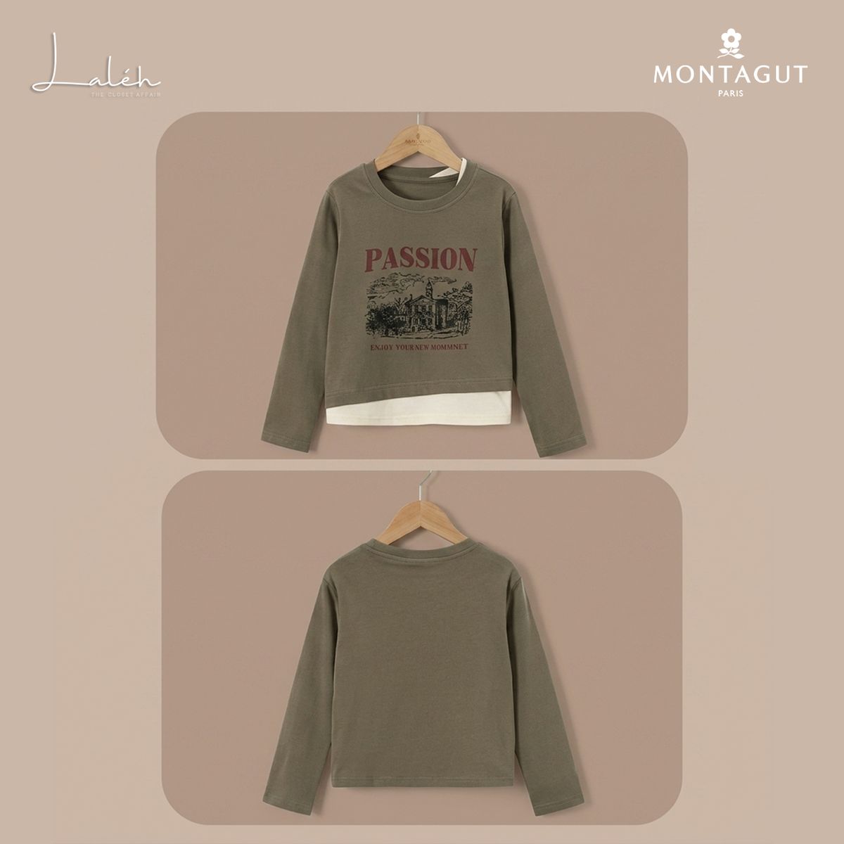 Girls Long Sleeve Graphic T-Shirt – Olive Green, Layered Trim