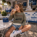 Girls Long Sleeve Graphic T-Shirt – Olive Green, Layered Trim