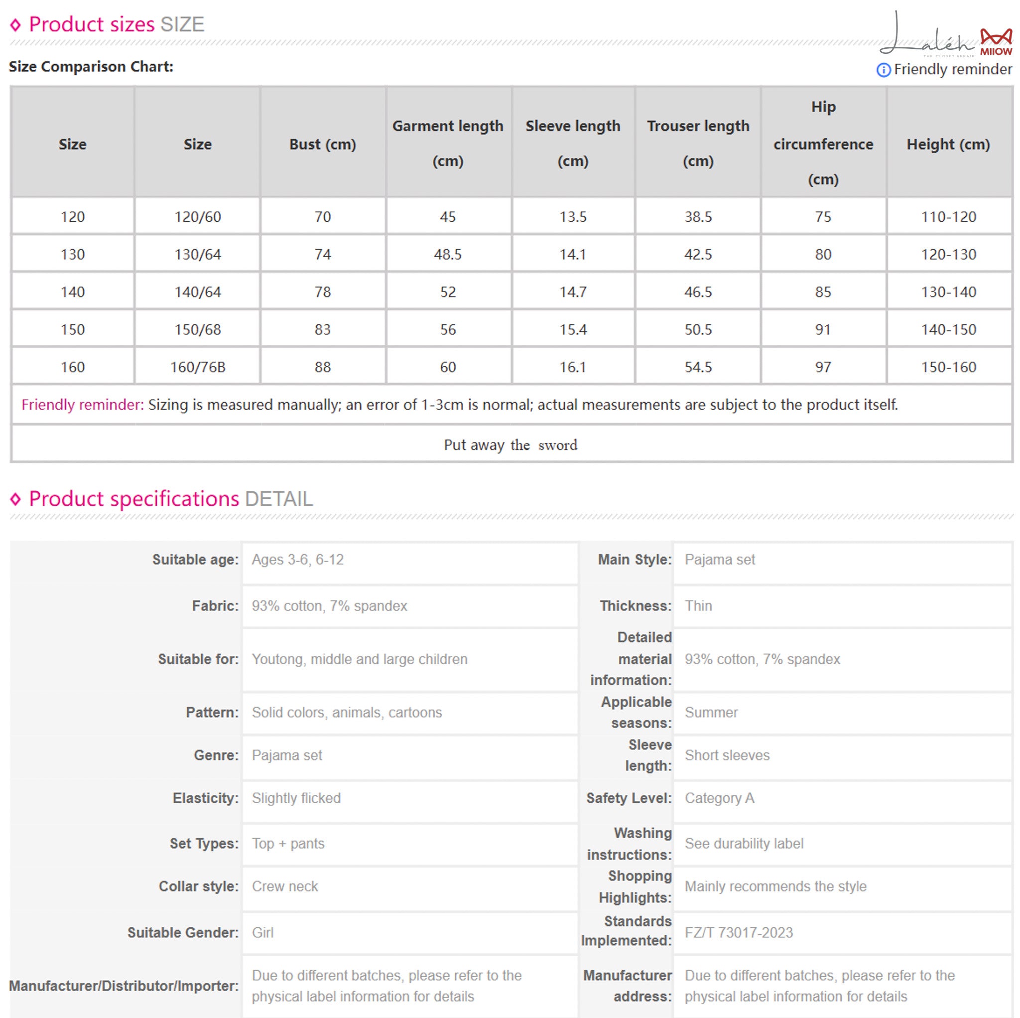 [7A Antibacterial Class A Cotton] Cute Cartoon Pajamas for Medium and Big Girls Loungewear