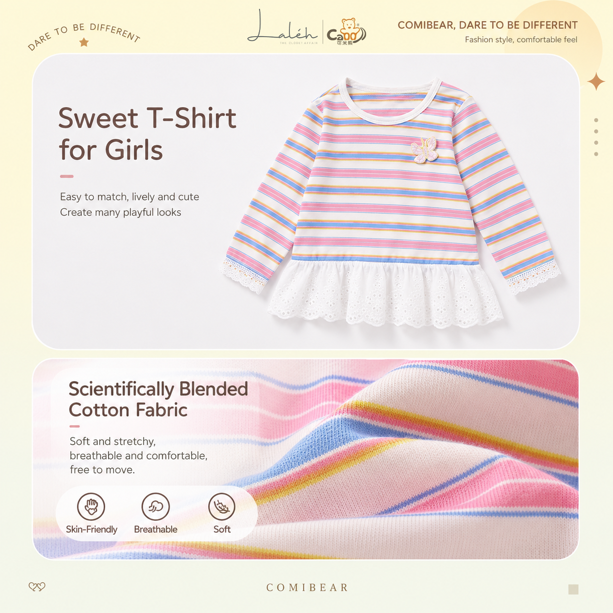 [Mid-length striped base layer] Kids_ baby girls_ sweet T-shirt, autumn