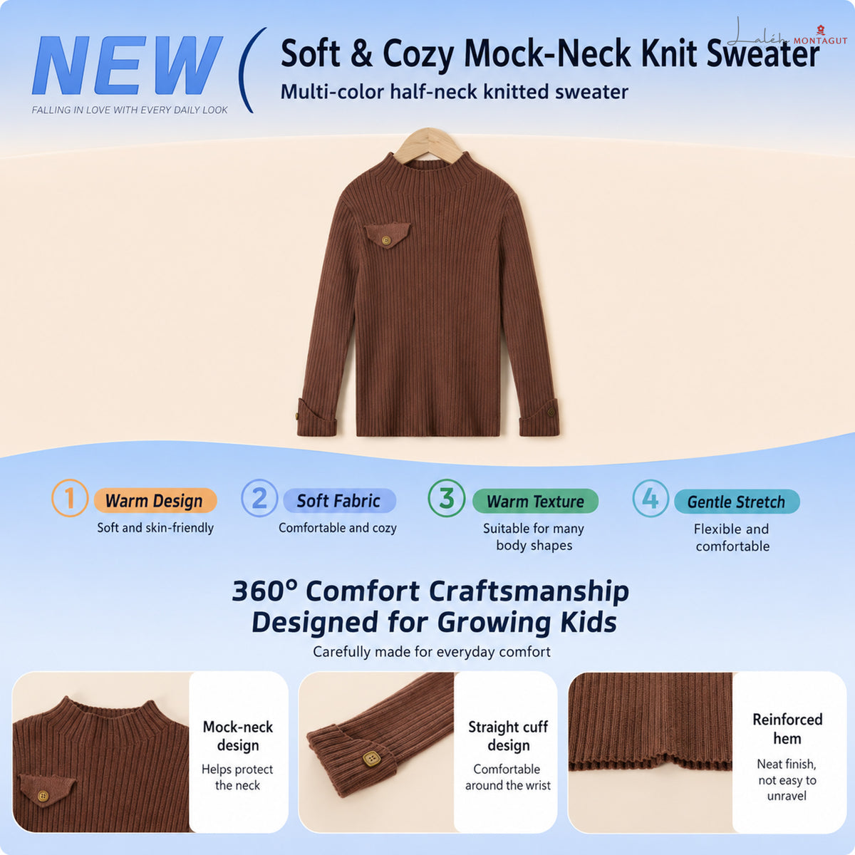 Girls' spring and autumn knit top base layer, mid-turtleneck ribbed sweater, middle-sized