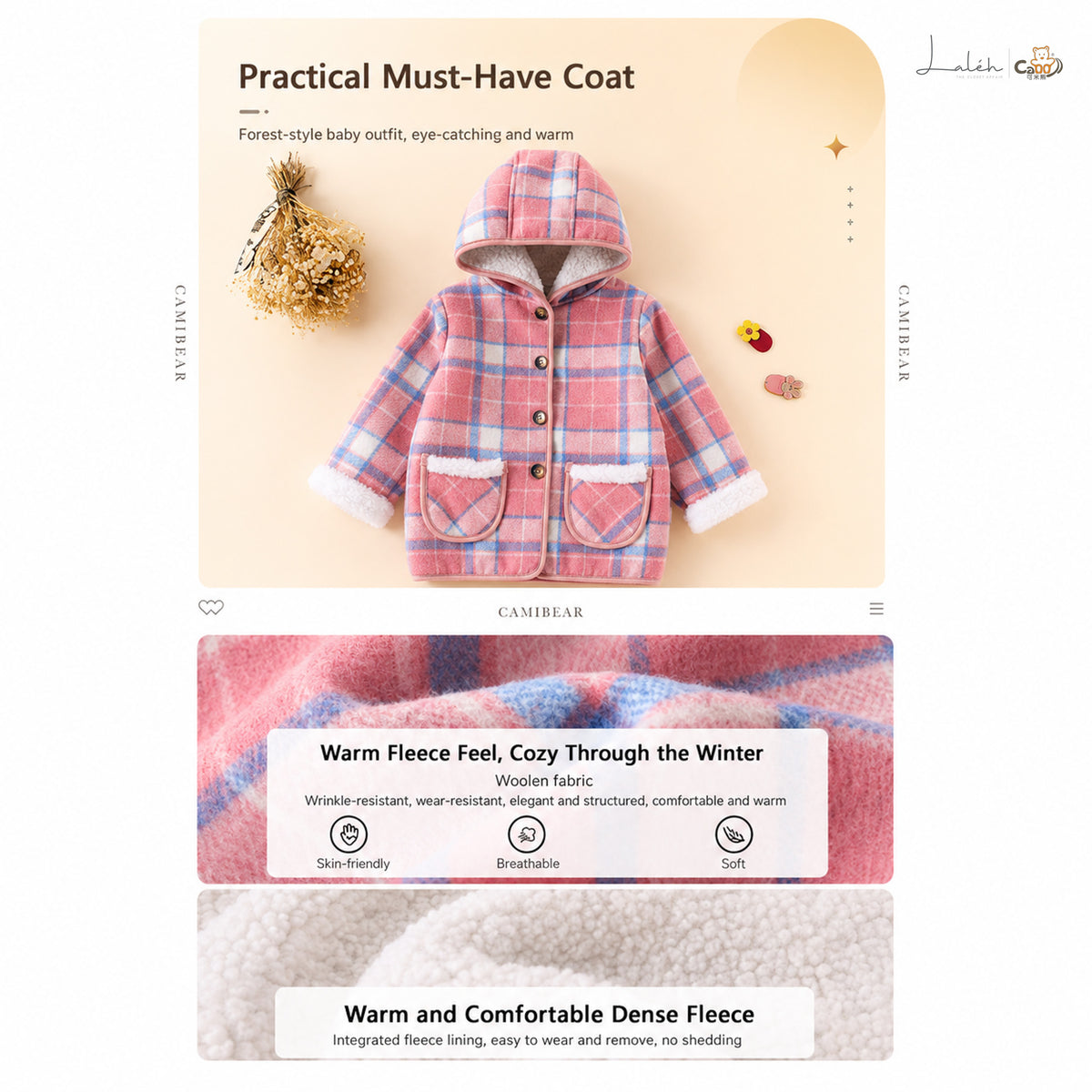 [Light Luxury Woolen Jacket] Children's Winter Fleece-Lined Mid-Length Coat for Girls, Trendy