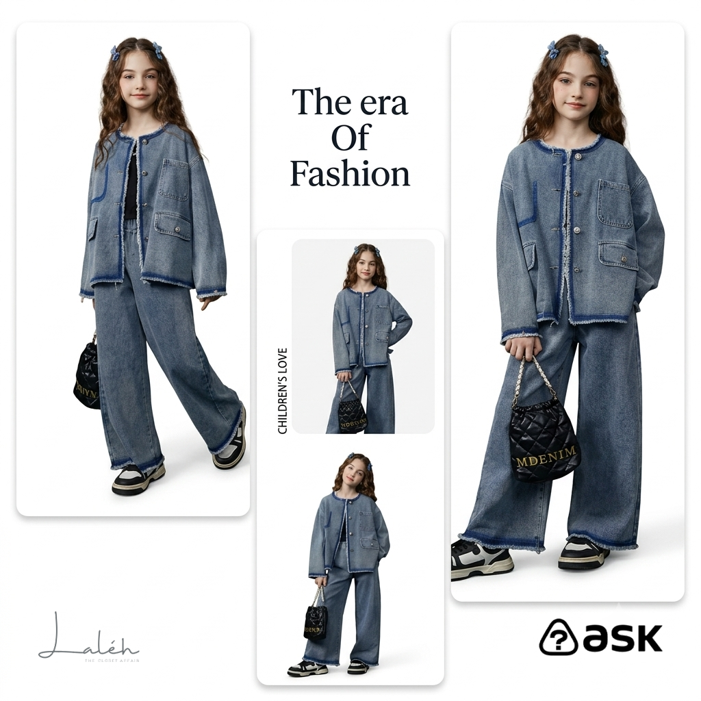 [Chanel Style] Children_s set, girls_ spring soft denim jacket, denim straight-leg