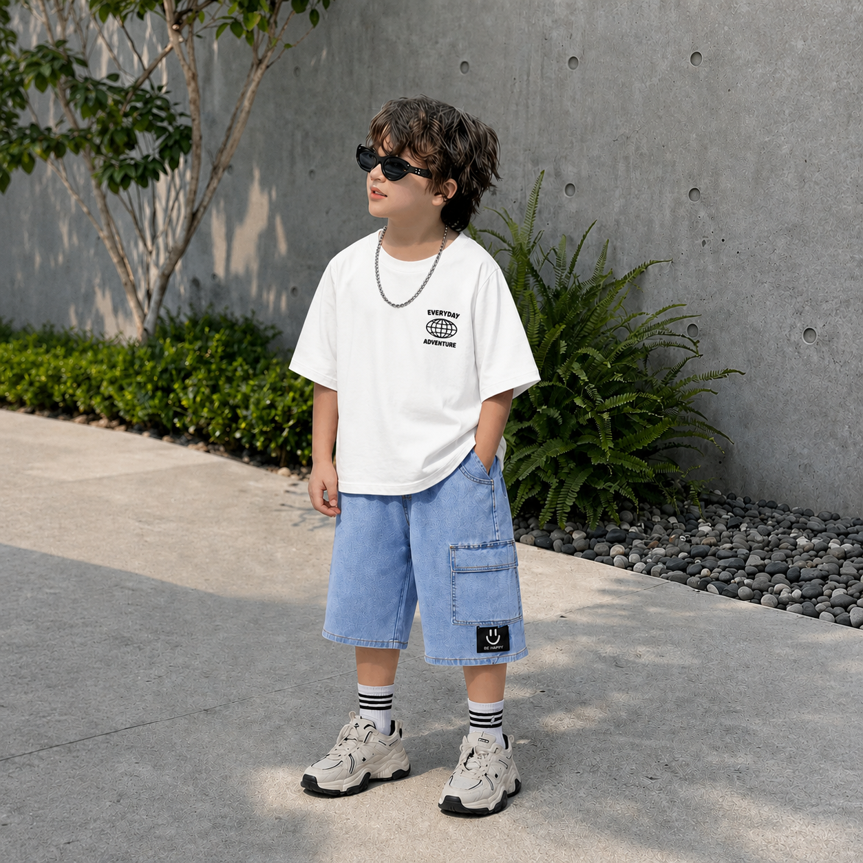 Boys_ pants, summer thin children_s sports work shorts, casual smiley jeans