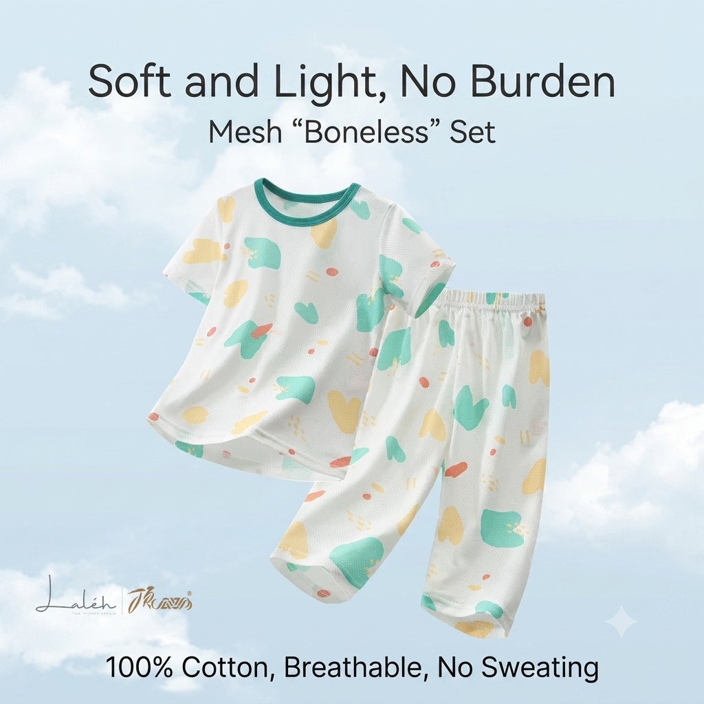 [Pure Cotton Mesh Homewear] Children_s short-sleeve three-quarter pants pajama set