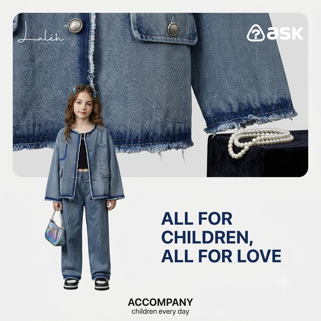 [Chanel Style] Children_s set, girls_ spring soft denim jacket, denim straight-leg
