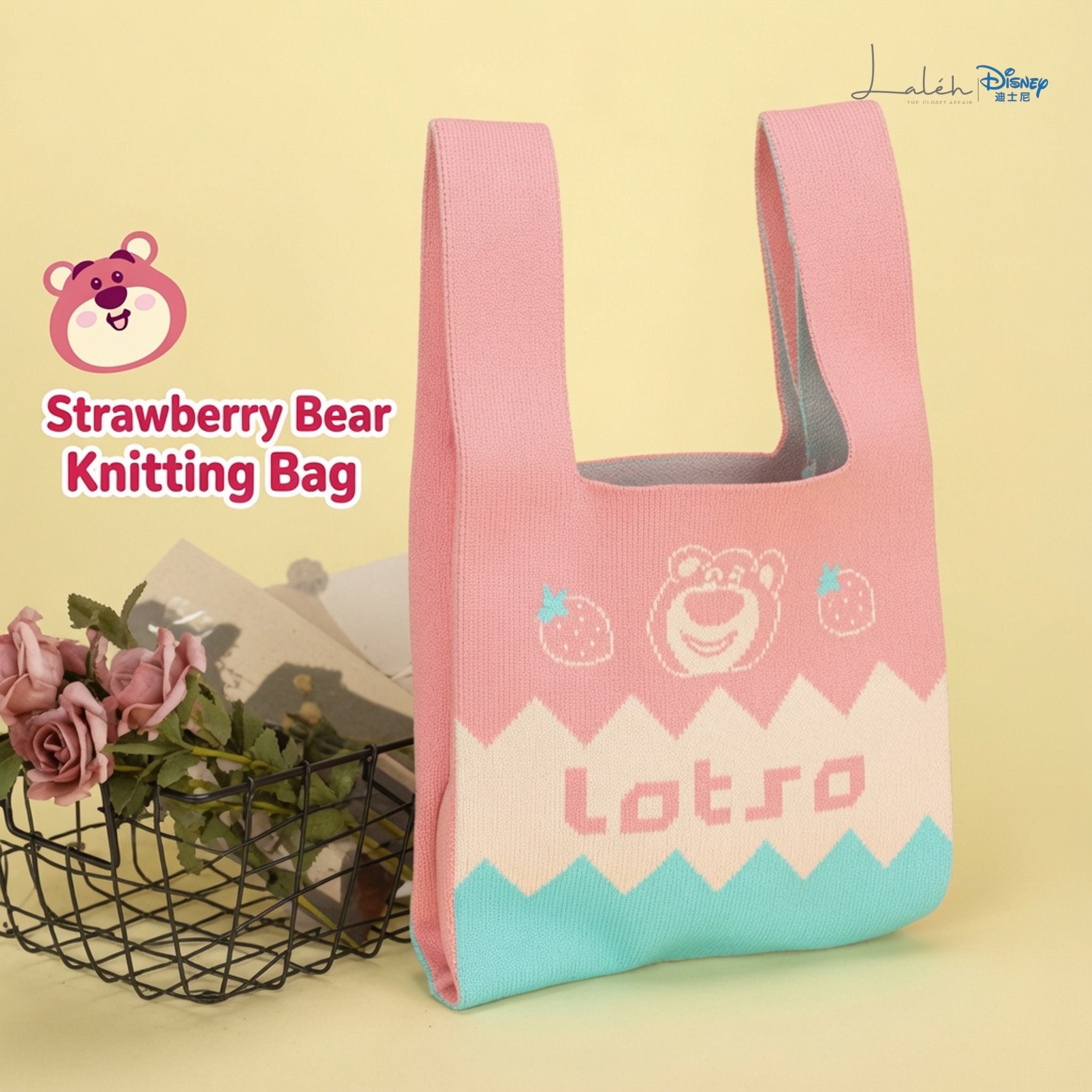 Strawberry Bear large-capacity knit bag, lightweight and cute handbag, women_s casual