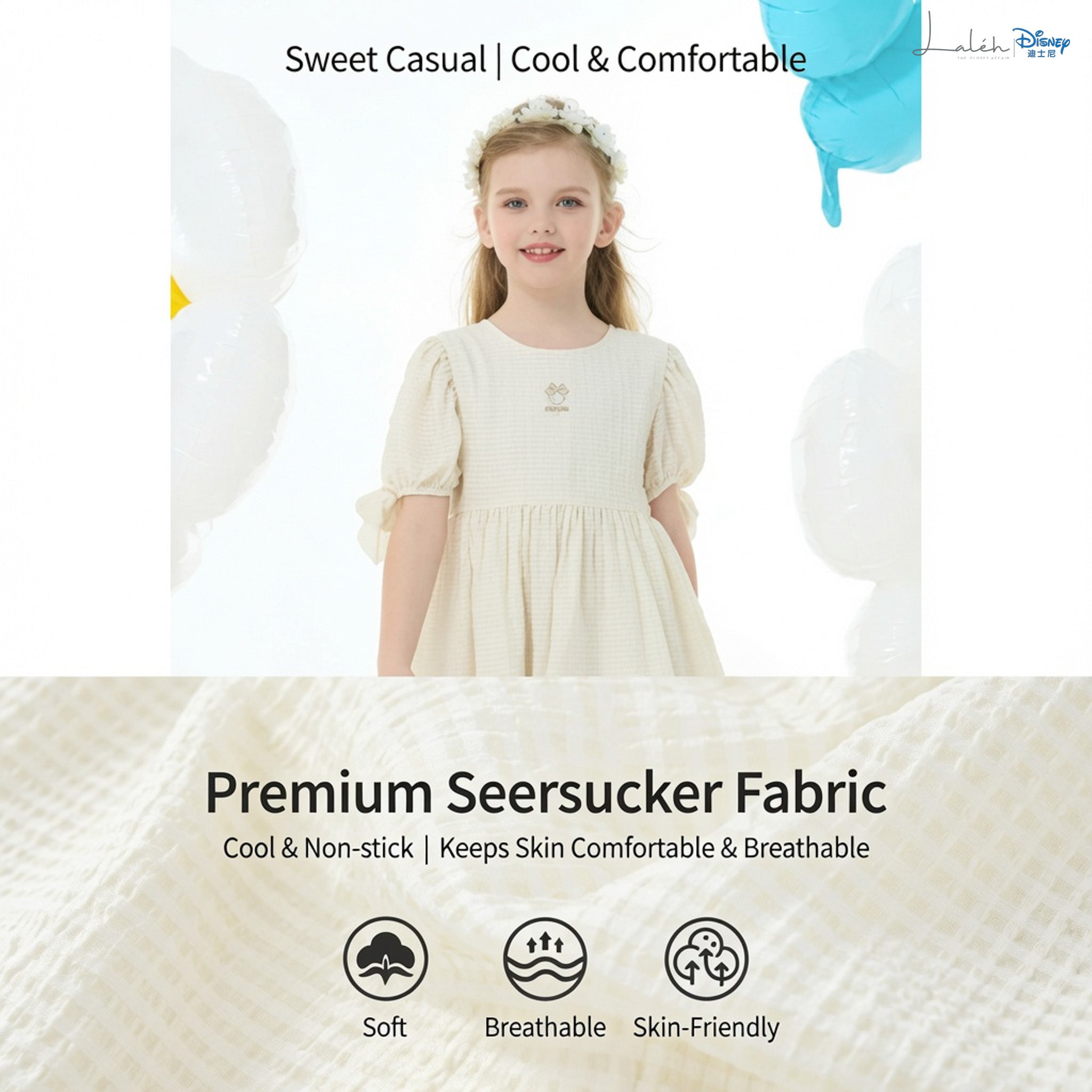 Girls_ summer dress with soft and breathable bow cuffs, Minnie embroidered