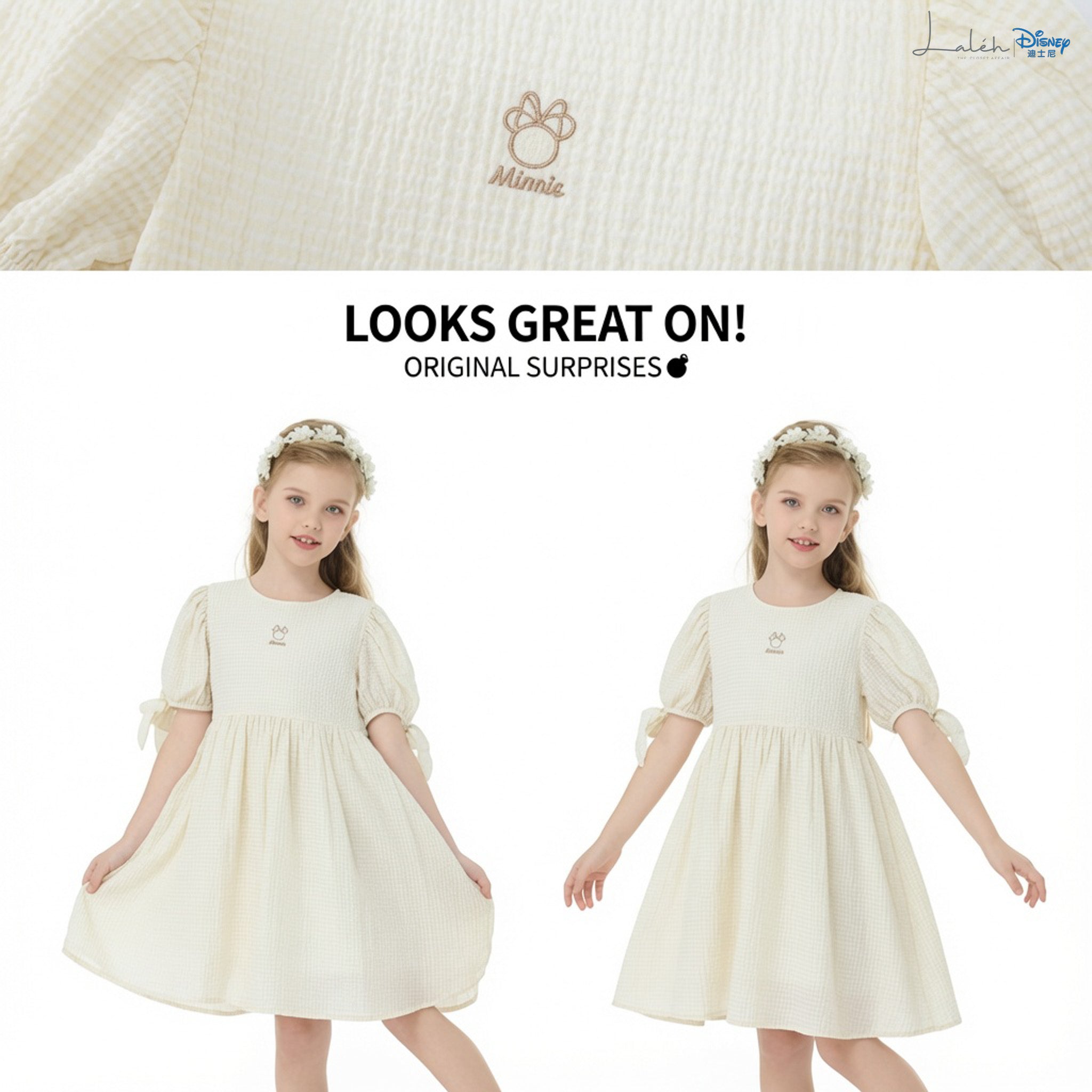 Girls_ summer dress with soft and breathable bow cuffs, Minnie embroidered
