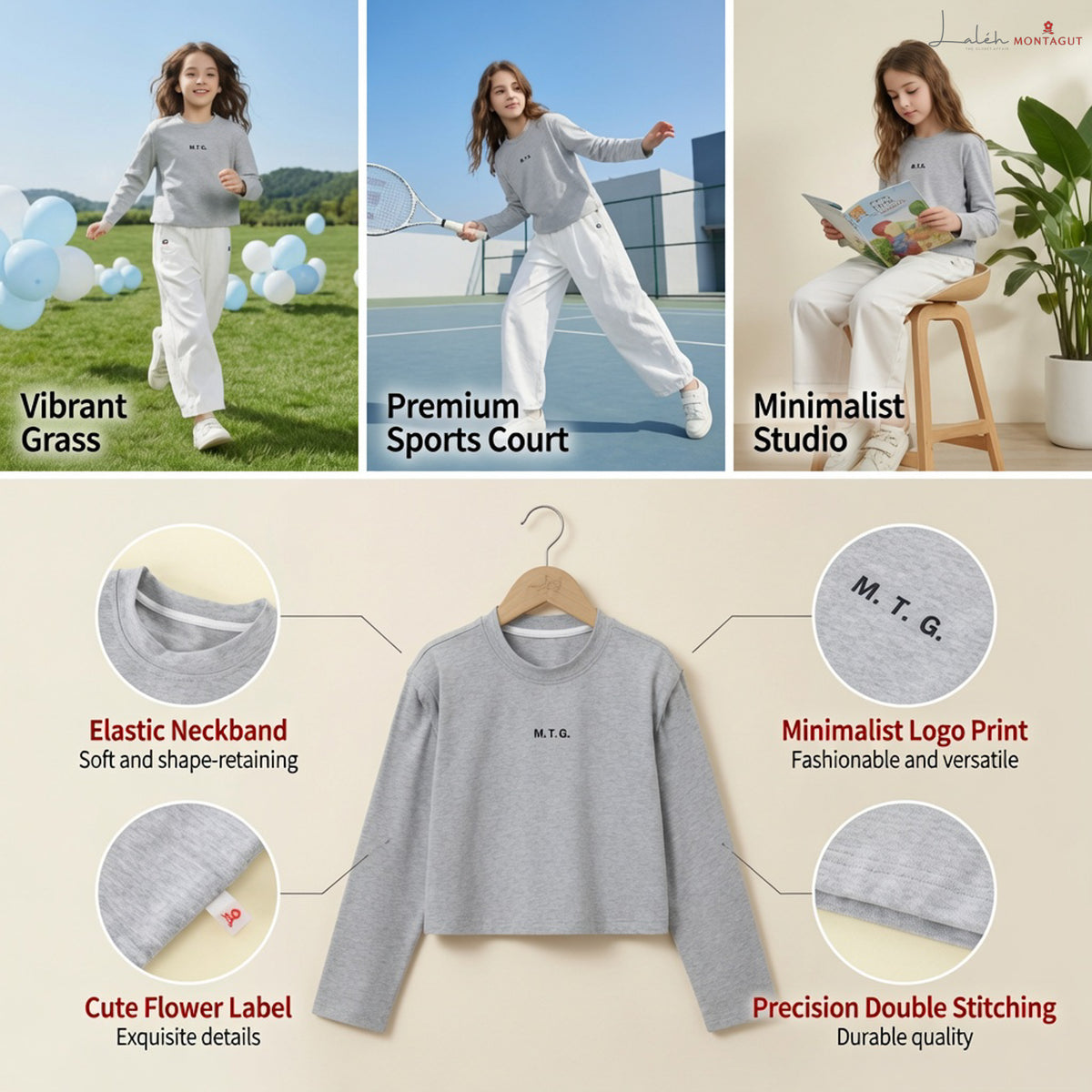 Girls Padded Shoulder Long Sleeve T-Shirt – Slim Fit Grey